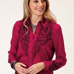 Cowgirl Up!  Roper Women's Cranberry Snap Front Shirt with Black Embroidery